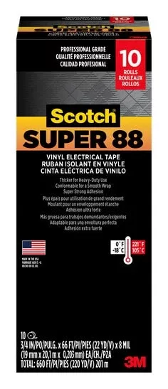 Scotch Super 88 Vinyl Electrical Tape, 6143-BA-10, 3/4 in x 66 ft x0.008 in (19 mm x 20,1 m x 0,215 mm), 10/case