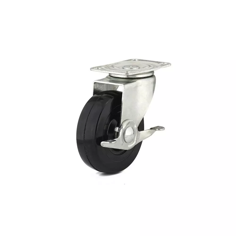 Swivel Plate Caster, Side Brake, Rubber Wheel, 4 In.